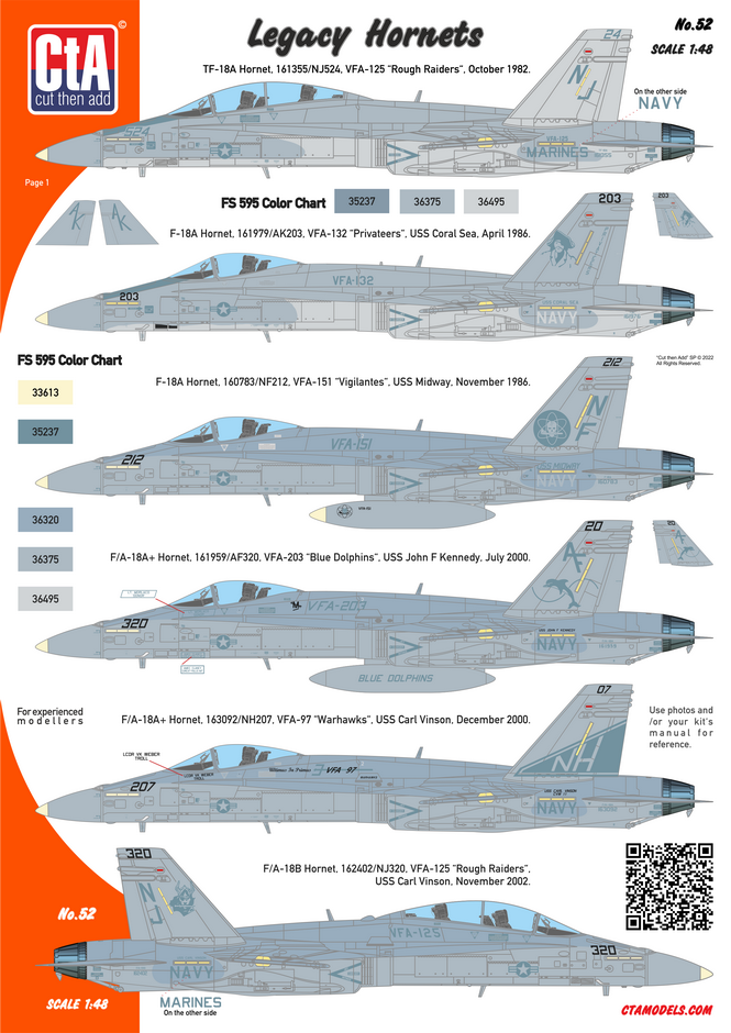 CTA-052 1/48 Legacy Hornet. TF-18A, F-18A, F/A-18A+, F/A-18B,  decal
