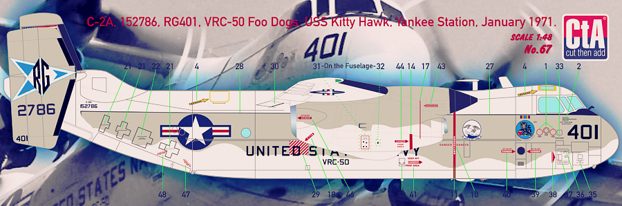 C-2A, 152786, RG401, VRC-50 Foo Dogs, USS Kitty Hawk, Yankee Station, January 1971